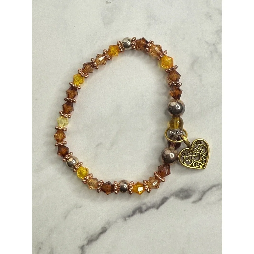 handmade beaded earrings and bracelet‎ set brown, yellow and gold tone heart